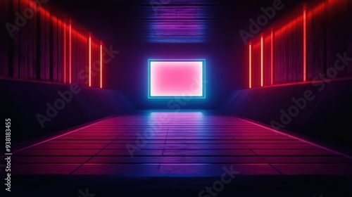 Futuristic corridor with neon lights and a glowing screen, creating a vibrant atmosphere and an immersive ambiance.