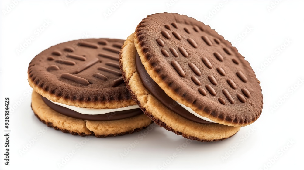 Two chocolate filled cookies isolated on a white background. Two chocolate filled cookies isolated on a white background.
