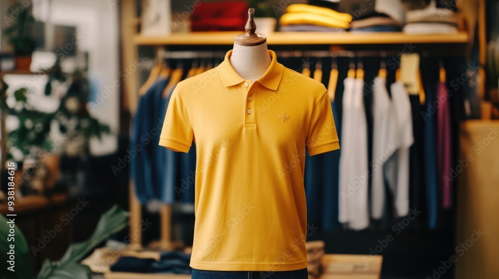 A yellow shirt with the on it is hanging on a mannequin A yellow shirt with the on it is hanging on a mannequin