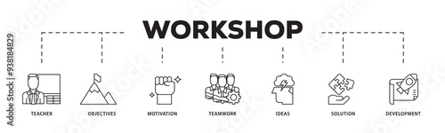 Workshop icon infographic illustration concept with icon of teacher, objectives, motivation, teamwork, ideas, solution, and development icon png and easy to edit 