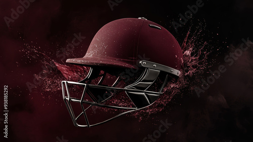 Cricket helmet with sleek design, surrounded by splash of color, conveying sense of action and excitement. photo