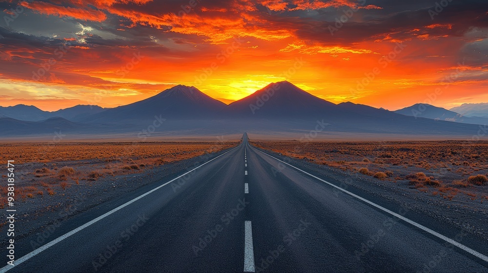 Fototapeta premium Open road stretching into the distance with a vibrant orange sunset over the mountains