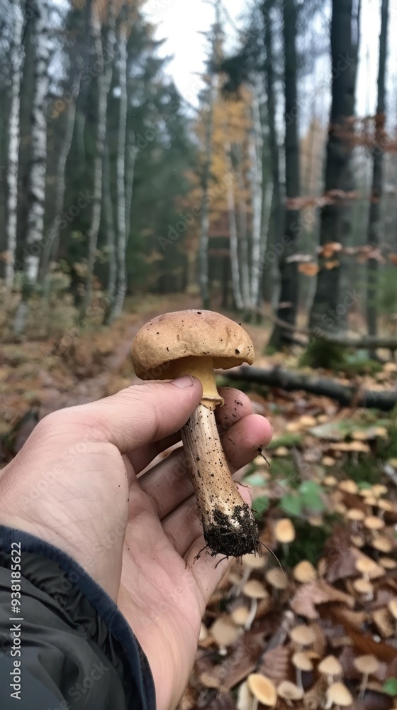Hand Holding Mushroom in Autumn Forest. Hand Holding Mushroom in Autumn Forest.