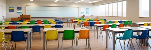 Empty classroom with colorful chairs and large windows. Back to school concept