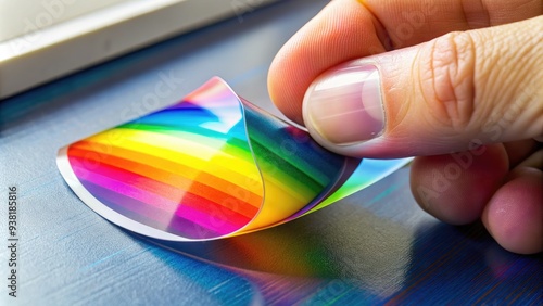 Close-up of a colorful sticker being peeled off a smooth surface, revealing a small portion of the adhesive backing and a hint of residue. photo