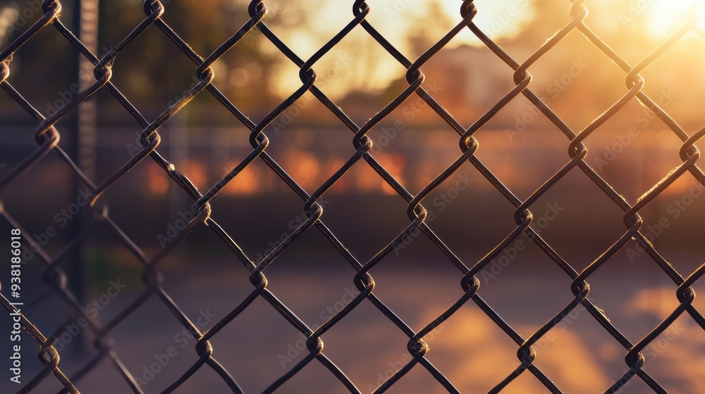 Naklejka premium Golden sunset light peeking chain-link fence