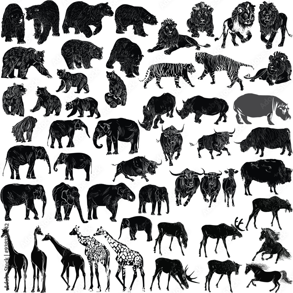 Fototapeta premium large set of animals black isolated sketches