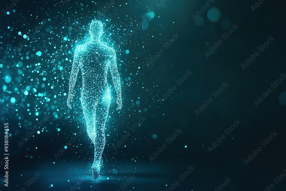 Glowing digital human form with particles on blue. Glowing digital human form with particles on blue.