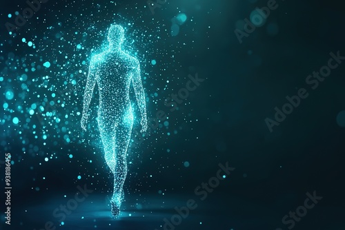 Glowing digital human form with particles on blue.