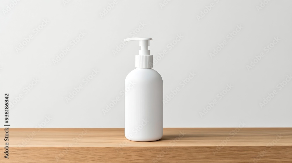 A white bottle of lotion sits on a wooden table A white bottle of lotion sits on a wooden table