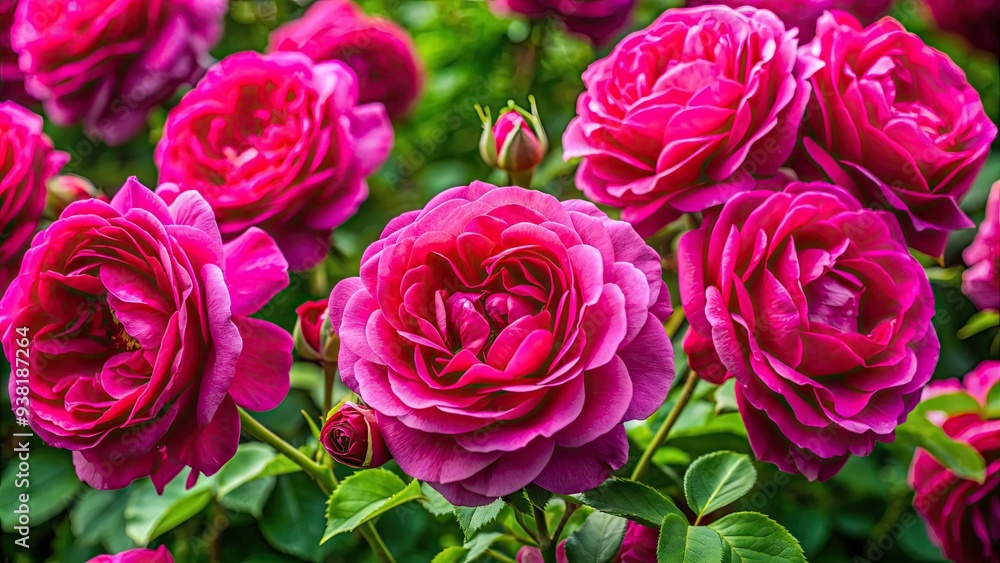 Close-Up Of A Lush, Deep Pink Rose Bush In Full Bloom With Multiple Velvety Petals And A Magenta Center. Close-Up Of A Lush, Deep Pink Rose Bush In Full Bloom With Multiple Velvety Petals And A Magenta Center.