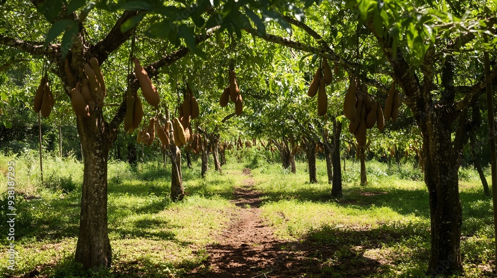 Lush tropical tamarind orchard with dense foliage and ripe tamarind fruits hanging from the branches offering ample negative space for text or design overlay Lush tropical tamarind orchard with dense foliage and ripe tamarind fruits hanging from the branches offering ample negative space for text or design overlay