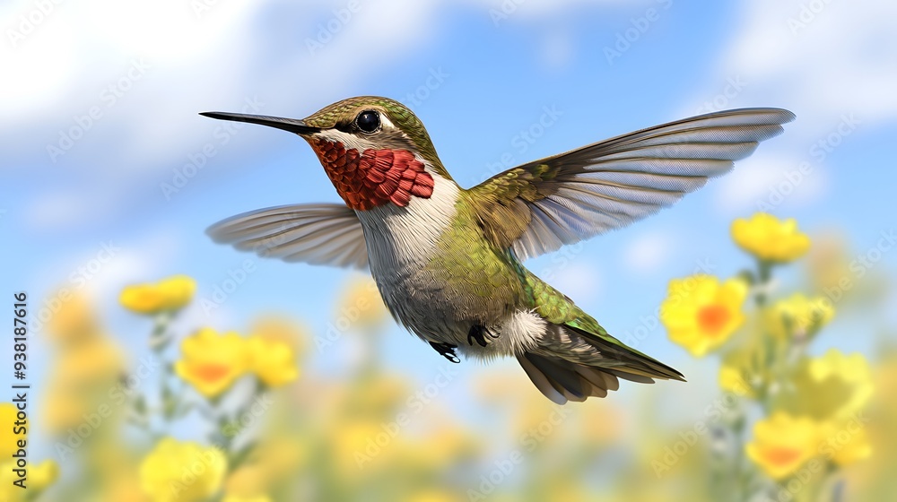 Fototapeta premium Bee Hummingbird Flying Under Blue Sky, Photo Realistic, Pattern Background, Wallpaper, Cover and Screen for Smartphone, Cell Phone, Computer, Laptop, 9:16 and 16:9 Format
