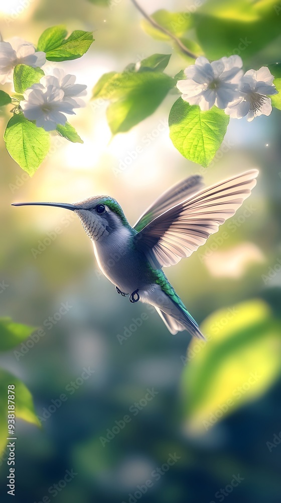 Obraz premium Bee Hummingbird Flying Under Blue Sky, Photo Realistic, Pattern Background, Wallpaper, Cover and Screen for Smartphone, Cell Phone, Computer, Laptop, 9:16 and 16:9 Format