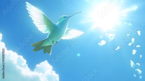 Bee Hummingbird Flying Under Blue Sky, Photo Realistic, Pattern Background, Wallpaper, Cover and Screen for Smartphone, Cell Phone, Computer, Laptop, 9:16 and 16:9 Format photo