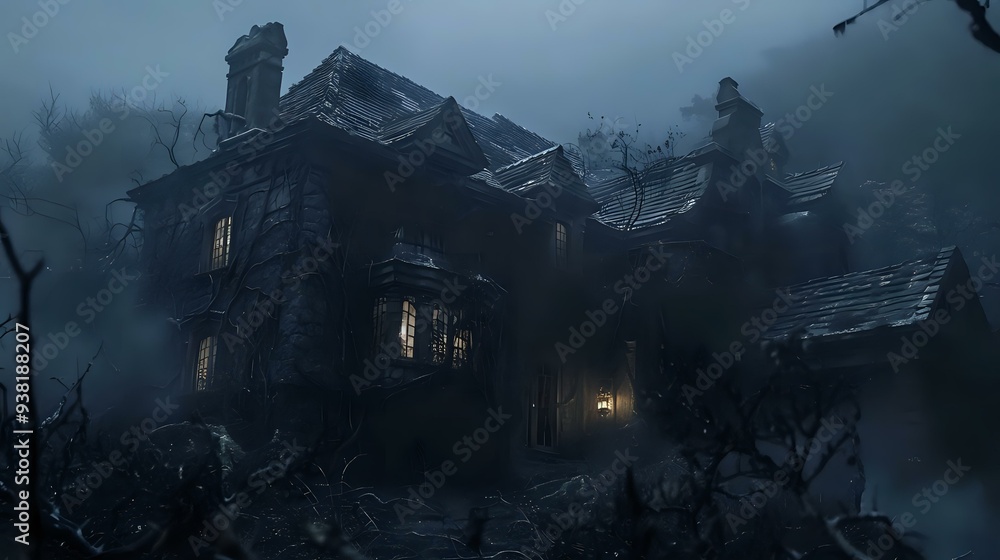 A mysterious old house shrouded in fog, with a single lit window A mysterious old house shrouded in fog, with a single lit window