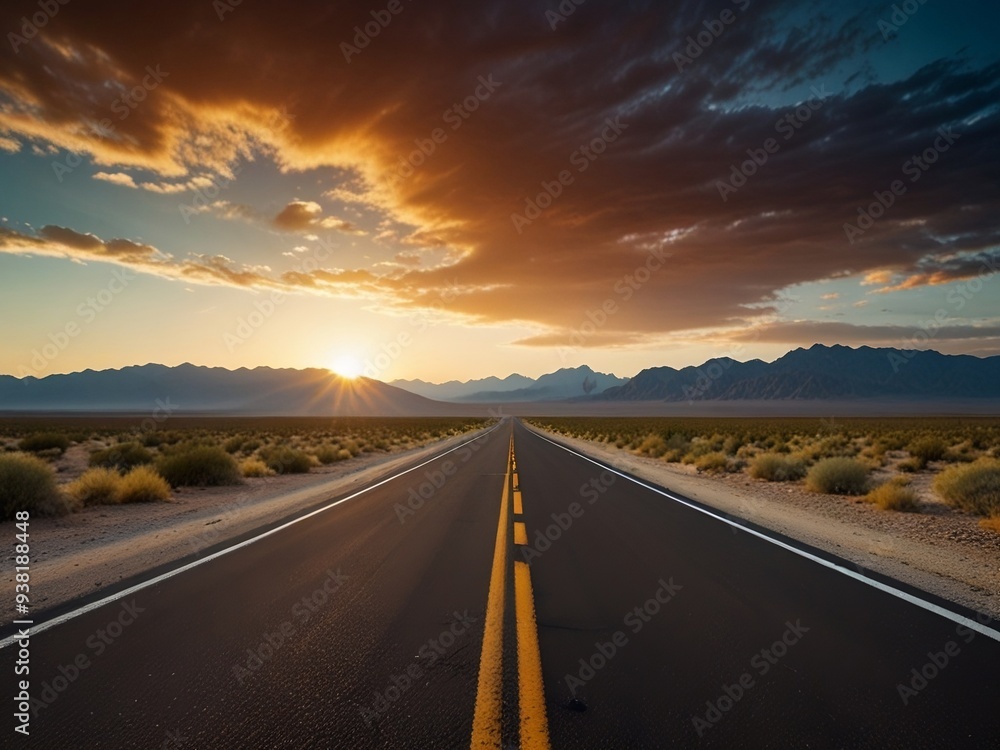 Fototapeta premium Empty asphalt road, Adventure road in desert. Generative AI