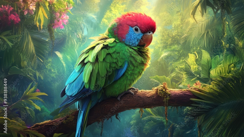 A colorful parrot is perched on a branch in a lush green junglese of life A colorful parrot is perched on a branch in a lush green junglese of life
