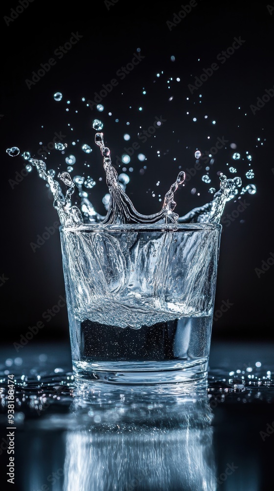 Sparkling water splash in glass on dark background Sparkling water splash in glass on dark background