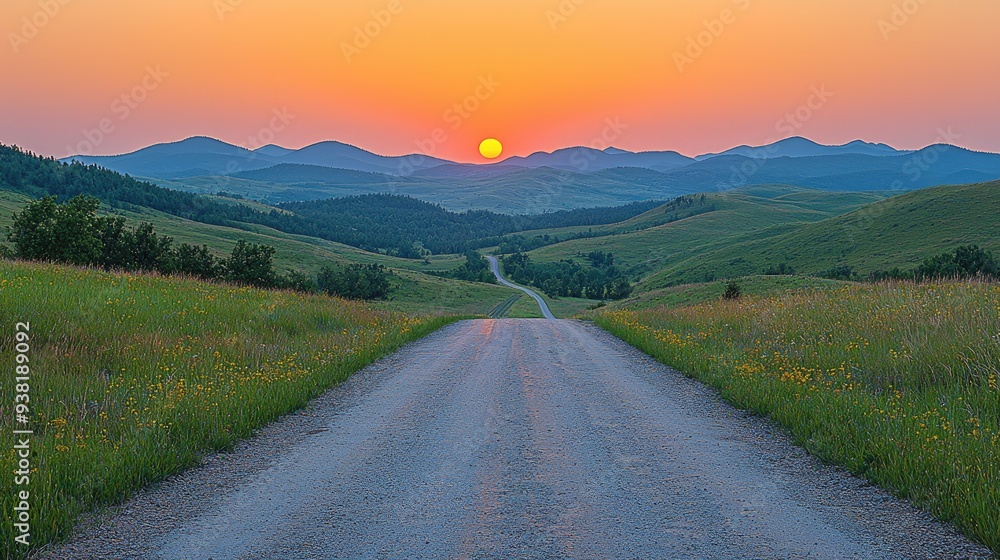 Open road stretching into the distance with a vibrant orange sunset over the mountains Open road stretching into the distance with a vibrant orange sunset over the mountains