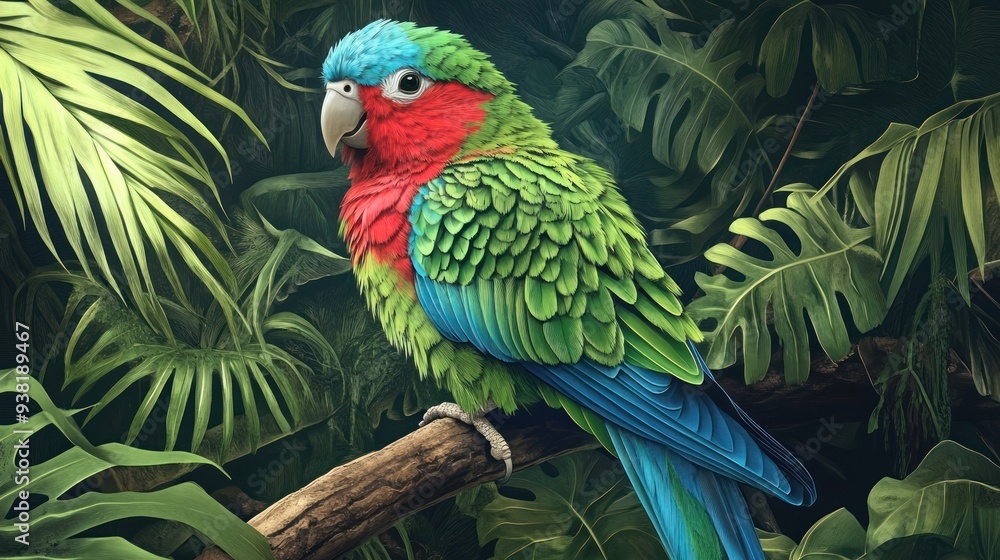 Fototapeta premium A green and red parrot is perched on a branch in a lush green forest