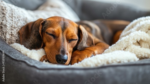 A small brown dog is peacefully sleeping on a cozy bed with soft blankets, capturing a serene and heartwarming moment perfect for illustrating comfort, relaxation, pet care, or domestic life themes,