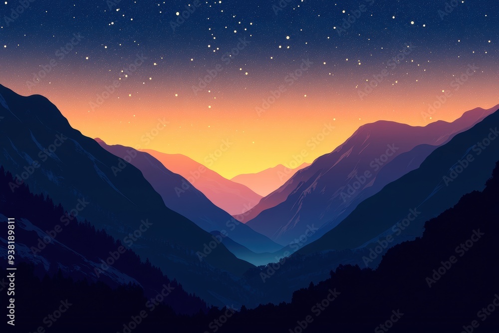 Tranquil mountain valley starlit sky at twilight Tranquil mountain valley starlit sky at twilight