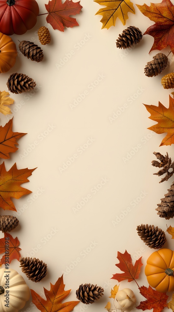 A frame featuring autumn leaves, pumpkins, cones, and additional leaves on a beige background. A frame featuring autumn leaves, pumpkins, cones, and additional leaves on a beige background.
