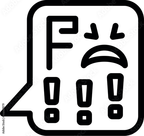 Black outline icon representing a speech bubble containing the letter f, a sad face, and exclamation marks, indicating negative feedback