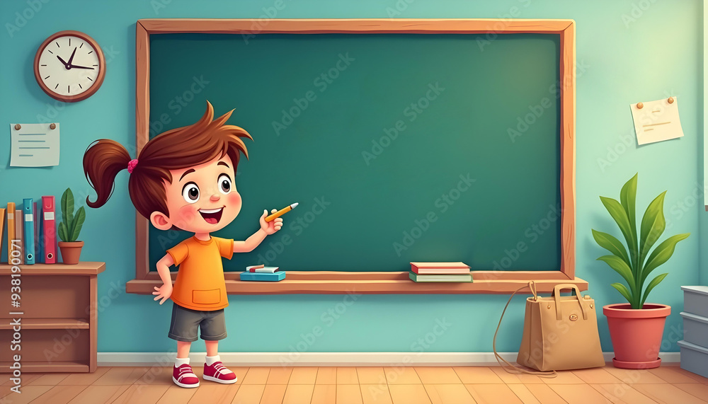 A cute first grader in cartoon style writes a letter on a blackboard, showcasing creativity and enthusiasm for learning. A cute first grader in cartoon style writes a letter on a blackboard, showcasing creativity and enthusiasm for learning.