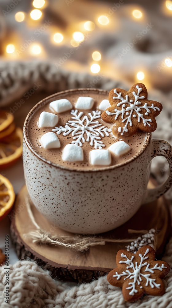 A cozy, warm scene featuring a festive cup of hot chocolate topped with marshmallows and a beautifully decorated snowflake-shaped gingerbread cookie resting on the edge on the rustic wooden coaster A cozy, warm scene featuring a festive cup of hot chocolate topped with marshmallows and a beautifully decorated snowflake-shaped gingerbread cookie resting on the edge on the rustic wooden coaster