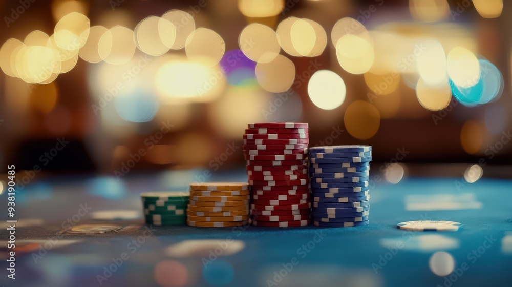 A casino roulette table with chips and cards, featuring a shallow depth of field A casino roulette table with chips and cards, featuring a shallow depth of field