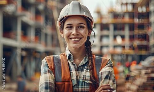 A joyful woman engineer at the heart of a bustling construction site, her hard hat showing the marks of dedication.