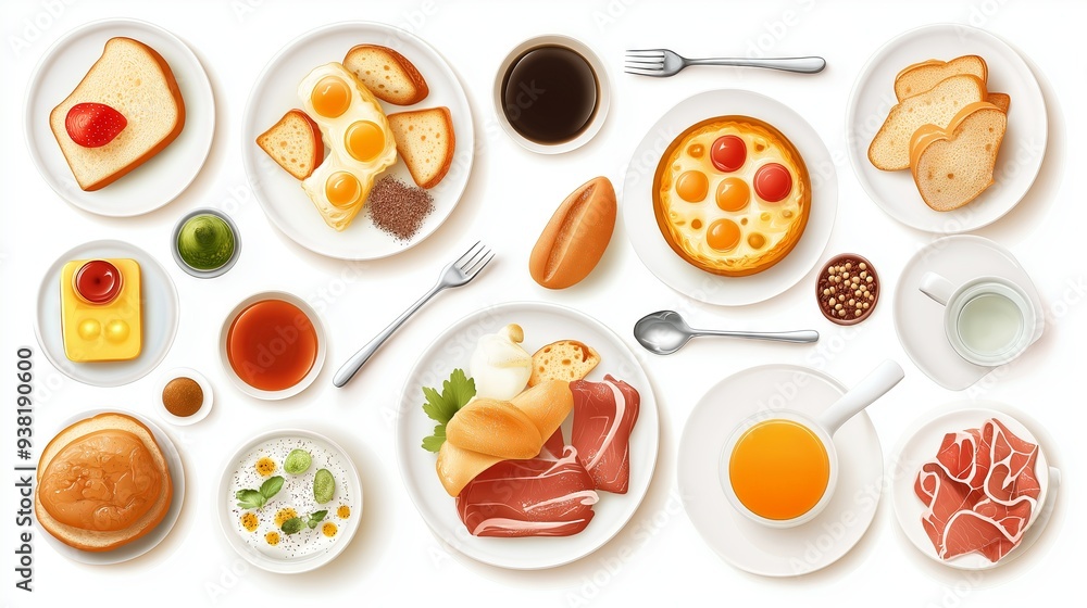 Variety of Breakfast Dishes Displayed on a White Background Variety of Breakfast Dishes Displayed on a White Background