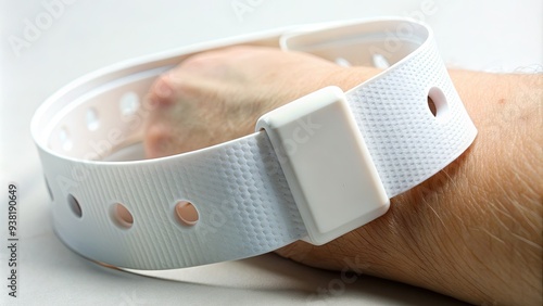 Close-up of a standard issue white hospital identification bracelet with a plastic clip and patient information printed on a white wristband. photo