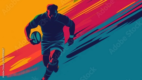 Dynamic silhouette of a rugby player in action with colorful streaks, representing energy and athleticism in sports.