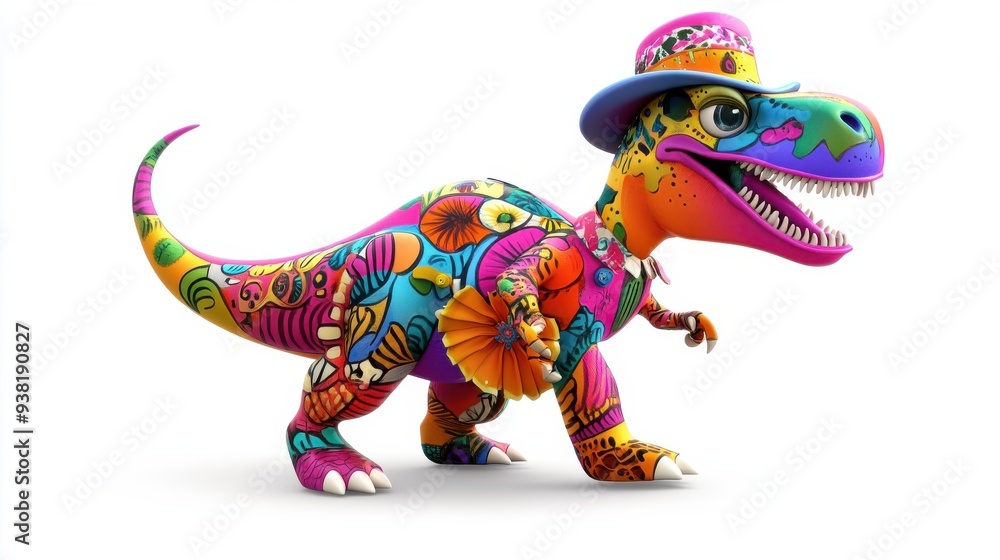 A colorful dinosaur with a hat and a big smile A colorful dinosaur with a hat and a big smile