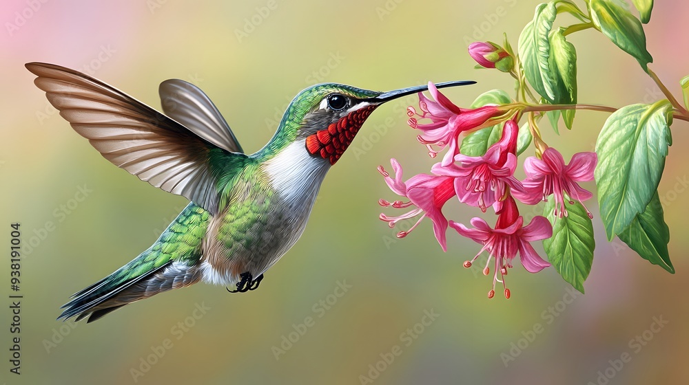 Naklejka premium Bee Hummingbird Sucking Nectar from Flower, Realistic Photo, Pattern Background, Wallpaper, Cover and Screen for Smartphone, Cell Phone, Computer, Laptop, 9:16 and 16:9 Format
