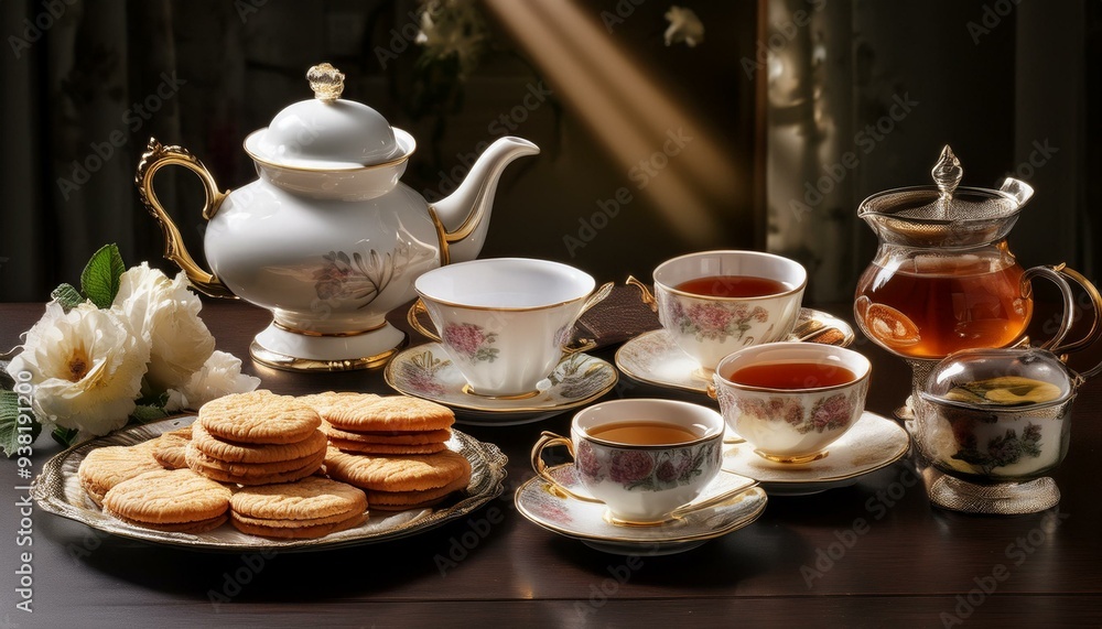 Fototapeta premium Elegant Tea Time Setting with Assorted Teas and Biscuits for Afternoon Refreshment
