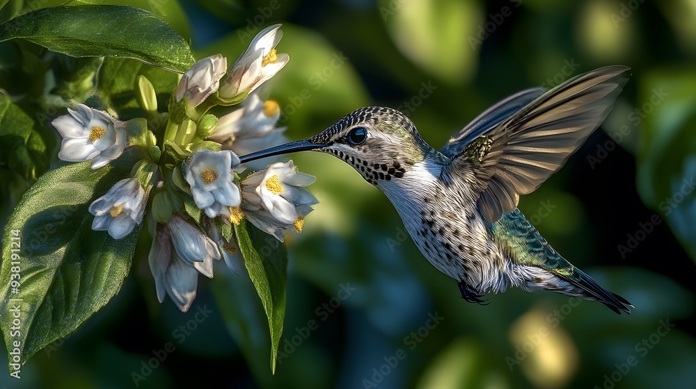 Obraz premium Bee Hummingbird Sucking Nectar from Flower, Realistic Photo, Pattern Background, Wallpaper, Cover and Screen for Smartphone, Cell Phone, Computer, Laptop, 9:16 and 16:9 Format