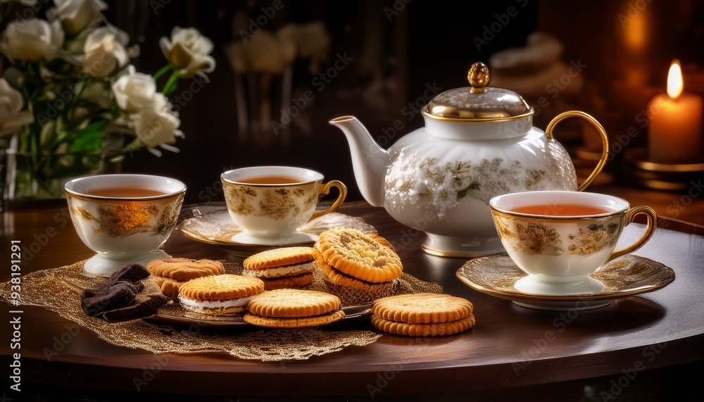 Elegant Tea Time Setting with Assorted Teas and Biscuits for Afternoon Refreshment Elegant Tea Time Setting with Assorted Teas and Biscuits for Afternoon Refreshment