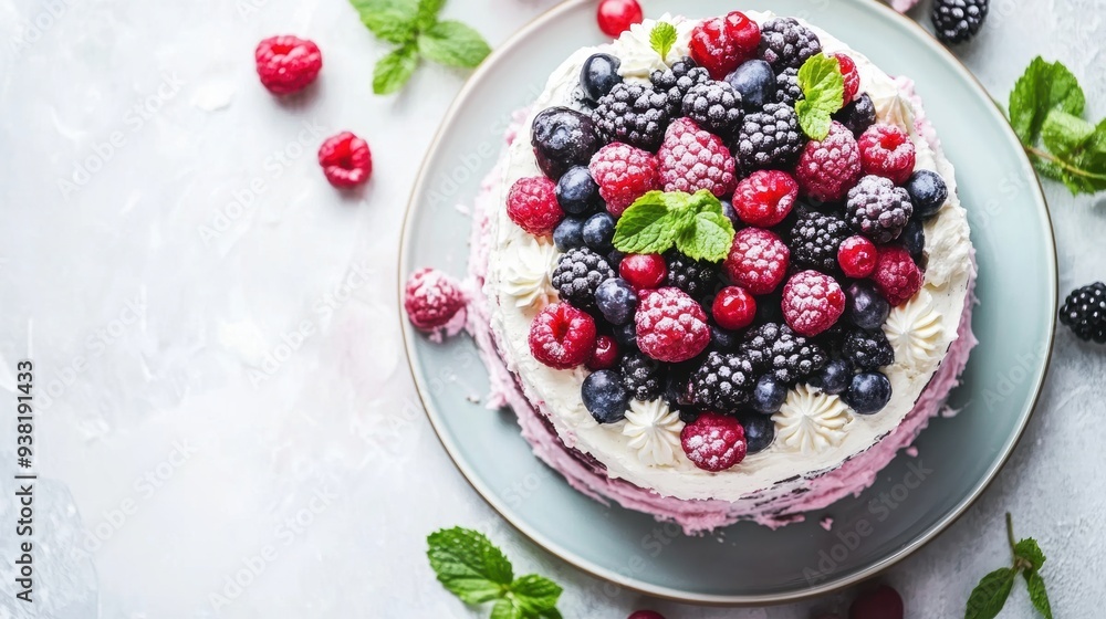 Fresh berry cream cake on white tabletop Fresh berry cream cake on white tabletop