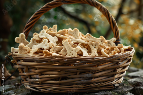 Rustic basket filled with homemade dog treats shaped like bones, set against a natural forest backdrop photo