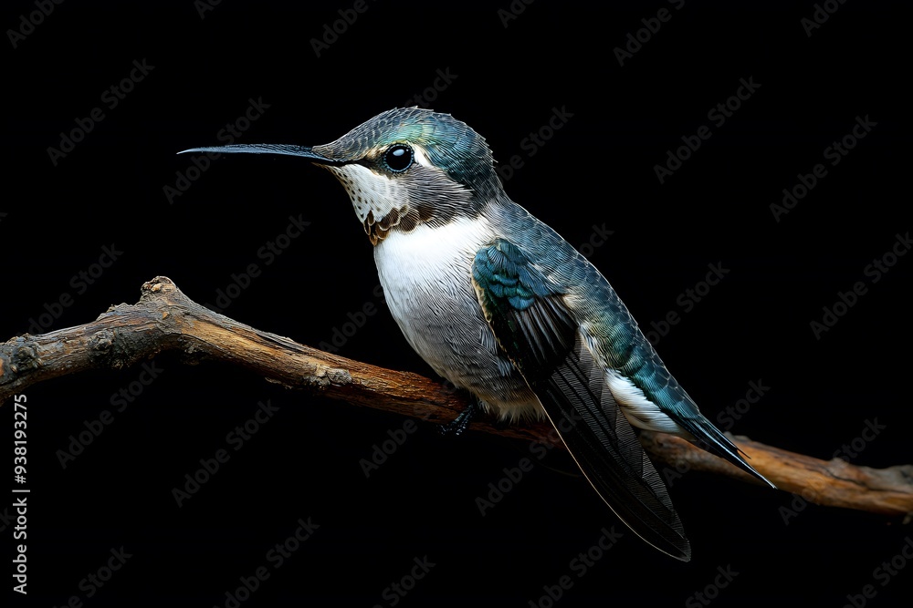 Fototapeta premium Bee Hummingbird Bird Perched on a Branch on a Black Background, Realistic Photo, Standard Background, Wallpaper, Cover and Screen for Smartphone, Cell Phone, Computer, Laptop, 9:16 and 16:9 Format