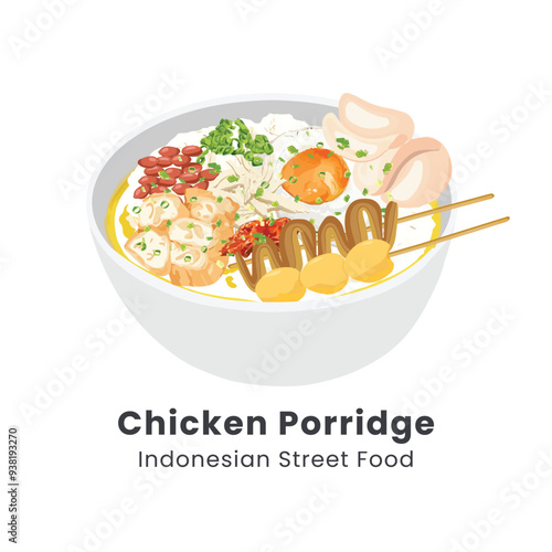 Hand drawn vector illustration of bubur ayam or chicken porridge from indonesian street food
