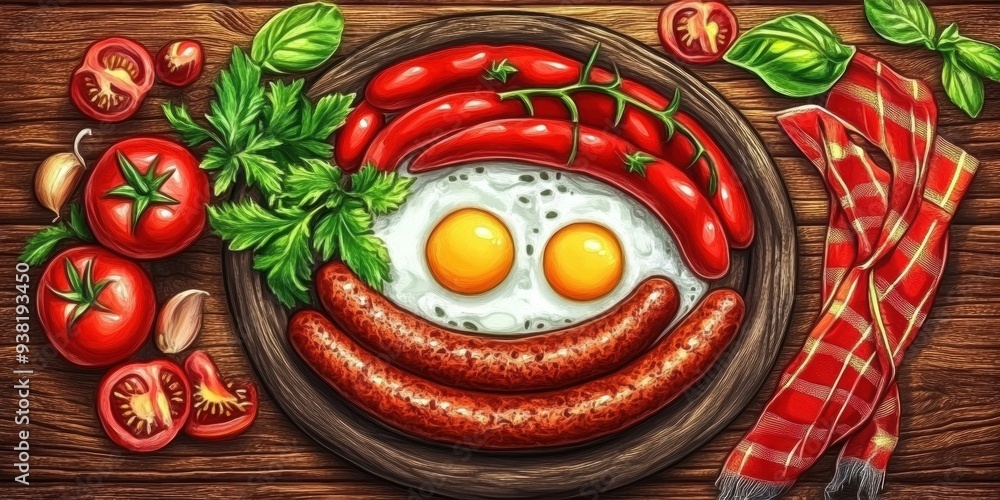 Bright breakfast plate with eggs, sausage, fresh vegetables Bright breakfast plate with eggs, sausage, fresh vegetables