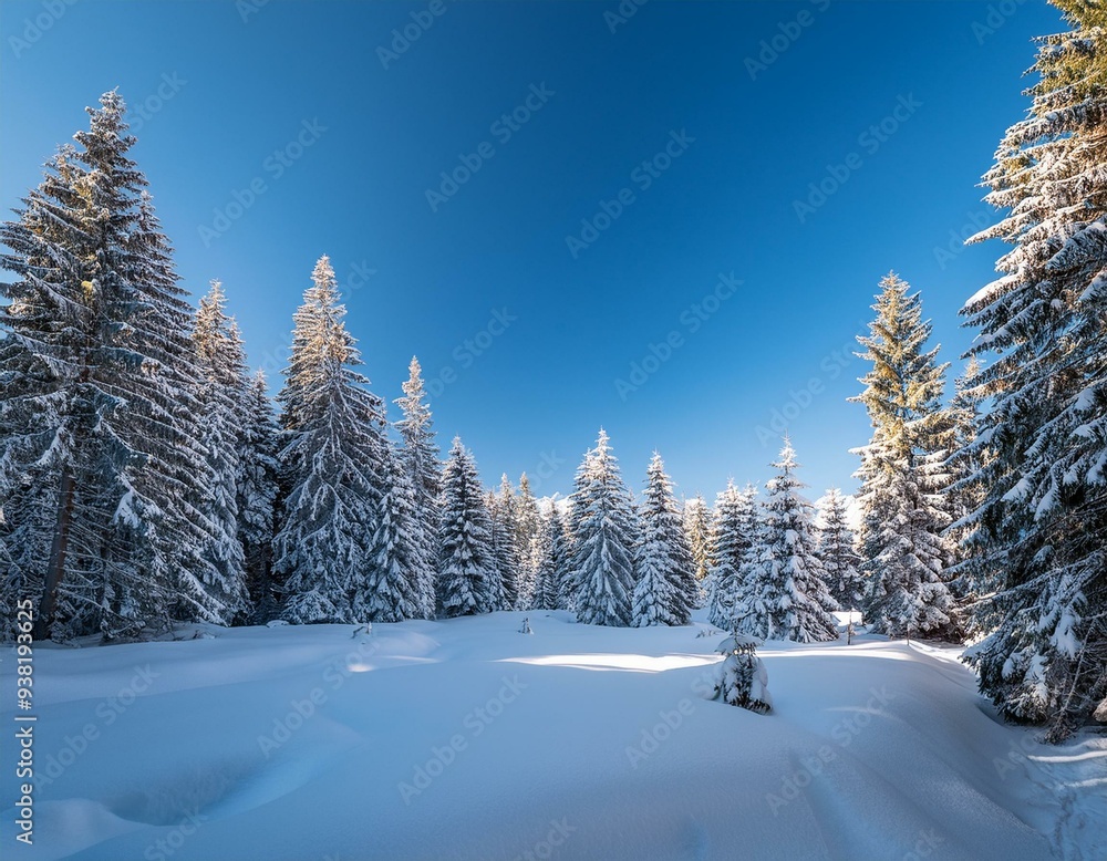 Fototapeta premium Enchanting Winter Wonderland Snowy Forest with Towering Pine Trees and Clear Blue Sky