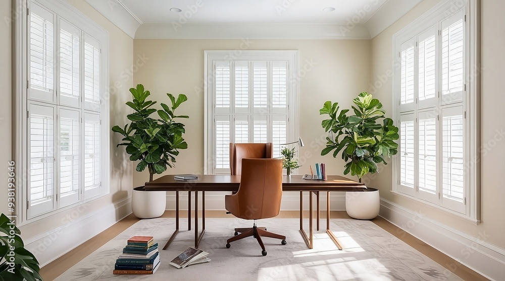 There is a desk with a chair and a plant in the corner, home office interior, minimalist home office, photorealistic room. There is a desk with a chair and a plant in the corner, home office interior, minimalist home office, photorealistic room.