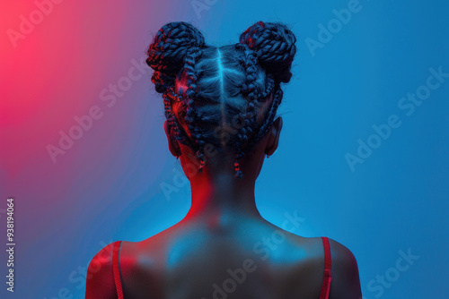 Stylish braided hairstyle on young African woman with vibrant lighting