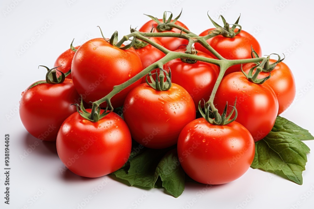 Pile of Fresh Red Tomatoes with Stems on White Background Pile of Fresh Red Tomatoes with Stems on White Background